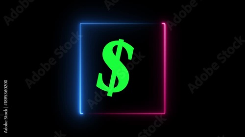 Green Neon Dollar Symbol in Rotating Blue and Pink Square Frame Neon dollar sign animation, half rotation forward backward. 