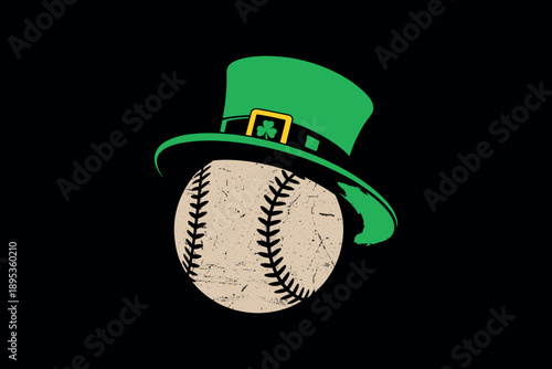 Green leprechaun hat with gold buckle and shamrock symbol on textured baseball against dark background for festive themes