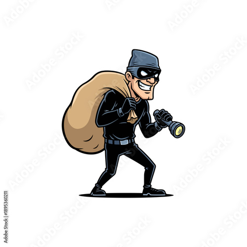 Cartoon Thief with Sack and Flashlight.