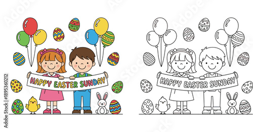 Cute children holding Happy Easter Sunday banner with eggs, bunny, and chick. Vector cartoon illustration with coloring page outline for kids activity book.