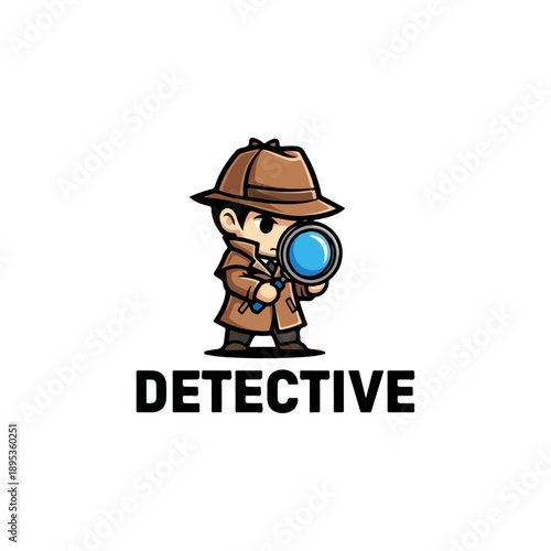 Cute Cartoon Detective Character with Magnifying Glass Logo.
