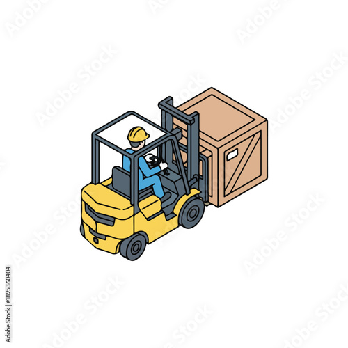 Isometric illustration of a forklift moving a wooden crate.