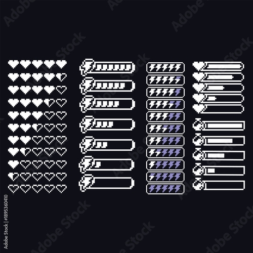 this is game bar for health bar, energy bar and mana bar in pixel art with white color and black background ,this item good for design,game asset,logo and your project.