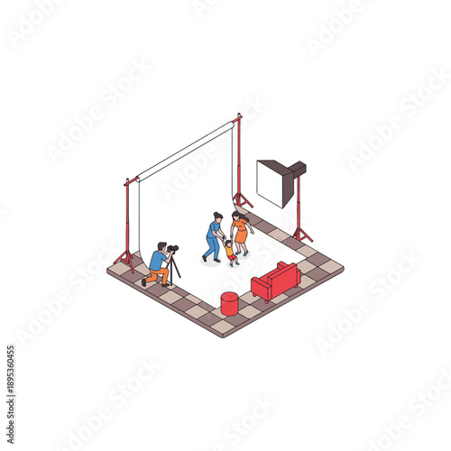 Isometric illustration of a professional photo shoot in a studio setting.