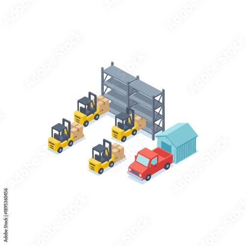 Isometric warehouse scene with forklifts, shelves, and delivery truck for logistics and storage.
