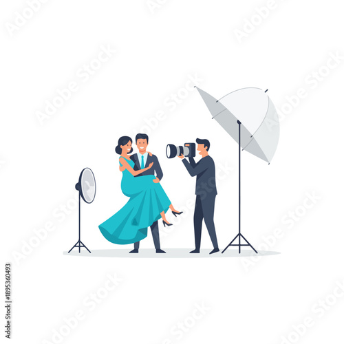 Photographer capturing a couple in a studio setting with professional lighting.