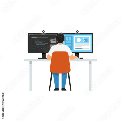 Person working on computer with two monitors, coding and data analysis.