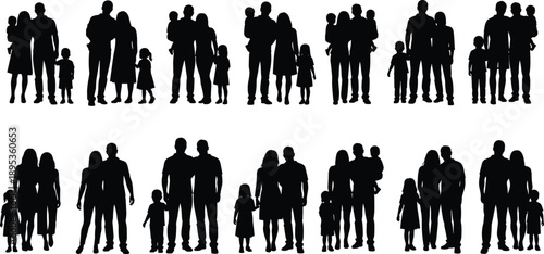 Black family silhouettes set showing diverse parents and children standing together, modern people icons collection representing family unity, relationships, parenting, generations, 