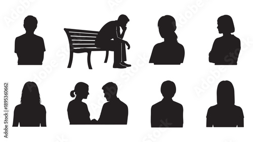 Silhouetted people interacting and sitting alone on a bench in a serene environment from various viewpoints