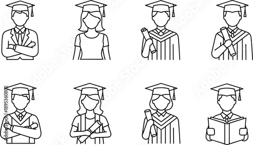 Vector illustration of graduate silhouettes—symbols for education, achievement, ceremony, academic success, learning, pride, knowledge, celebration, future, and inspiration