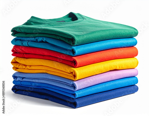 Stack of colorful folded t-shirts isolated on transparent background png cutout