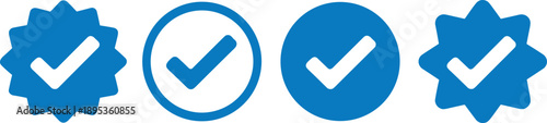 Blue verification checkmark icons set showing approval validation trust security confirmation symbols for apps websites UI UX design and digital certification concepts
