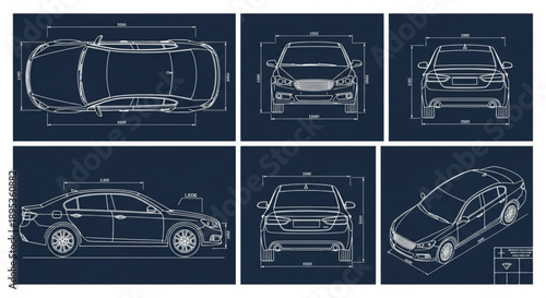 Car Blueprint Technical Drawing Schematics.