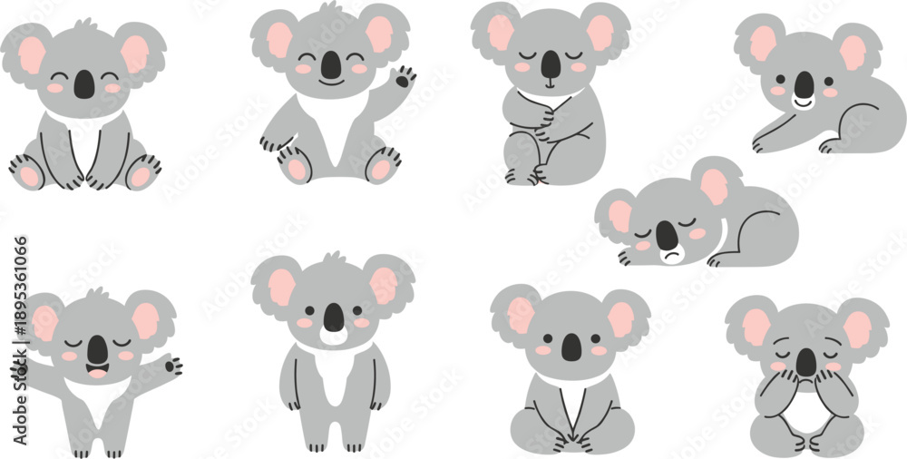 Obraz premium Cute Koala Cartoon Character Set with Various Gray Bear Poses Including Waving Sleeping and Sitting for Australian Wildlife Nursery Decor and Kids Sticker Designs