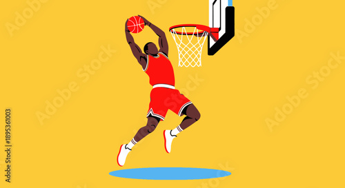 Man jumping high to dunk basketball into hoop, athletic activity, sports event, dynamic scene, close-up view