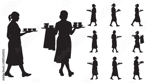 Silhouetted people walking and carrying trays with cups in various poses and actions from different viewpoints