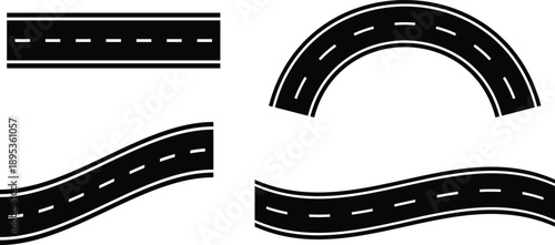 vector illustration of a road. City street road seamless elements set. Roads parts pieces builder  straight, curved, crossing, roundabout.