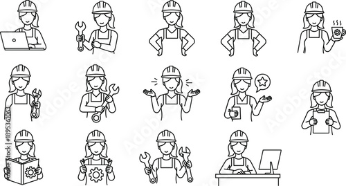Vector illustration of female engineer icons—symbols for STEM, tools, innovation, maintenance, workflow, leadership, technology, problem-solving, teamwork, and technical expertise