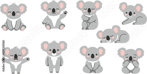 Cute Koala Cartoon Character Set with Various Gray Bear Poses Including Waving Sleeping and Sitting for Australian Wildlife Nursery Decor and Kids Sticker Designs