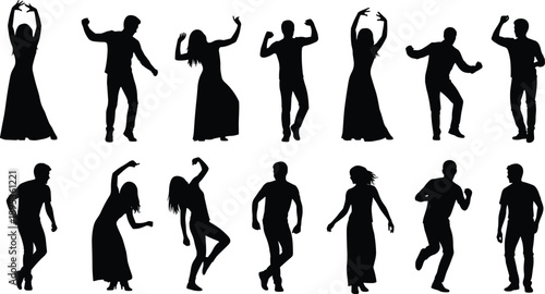 “Fourteen Dance Silhouettes – Diverse Poses from Ballet to Freestyle on Dark Gray Background for Movement and Performance Design”