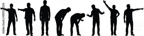 Collection of male human silhouettes in different standing poses, gestures and body language isolated on white background, concept for communication, teamwork, behavior and motion design