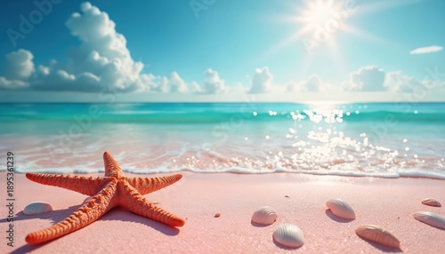 Orange starfish rests on pink sand by gentle ocean waves under bright sunny sky. Small shells scatter on shore. Beautiful tropical beach scene, perfect for vacation themes. Water sparkles, sky clear.