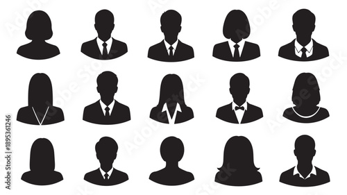 Collection of diverse business professionals silhouetted against a neutral background, showcasing various roles and individuals in a corporate environment from a straightforward viewpoint.