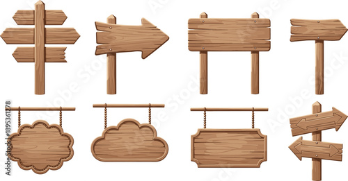 Set of empty wooden sign board collection with hanging planks and direction arrows isolated on white background vector illustration icons.