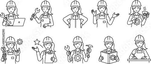 Vector illustration of female engineer icons—symbols for STEM, tools, innovation, maintenance, workflow, leadership, technology, problem-solving, and technical roles