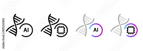 AI DNA genetics icon set with artificial intelligence biotechnology research biological engineering health technology