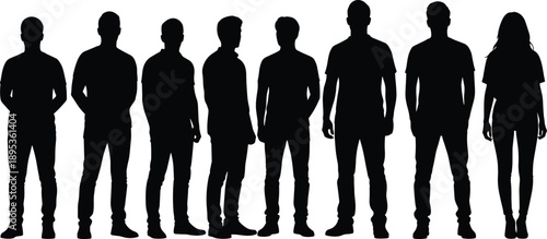 Group of diverse human silhouettes standing together in a row, anonymous male and female figures isolated on white background representing teamwork, society, unity, and community concept
