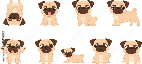 Cute Pug Dog Cartoon Character Set with Various Puppy Poses Including Sitting Standing Waving and Happy Expressions for Pet Lovers Nursery Decor and Sticker Designs