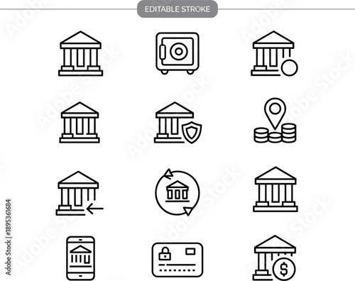 Minimal banking and finance line icons set featuring bank buildings, safe vault, credit card, mobile banking, investment, security, money location, and financial services concepts