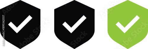 Three security shield icons with check marks in black and green colors, representing protection, verification, privacy, cybersecurity, trusted system approval, safety guarantee, 