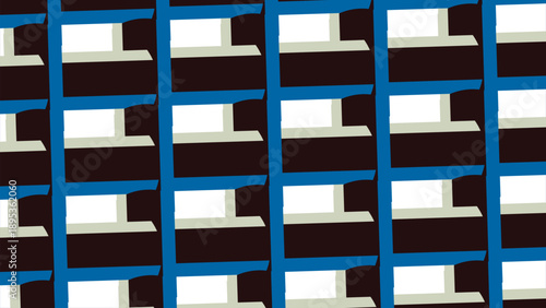 Empty frames and blue windows on urban building facade