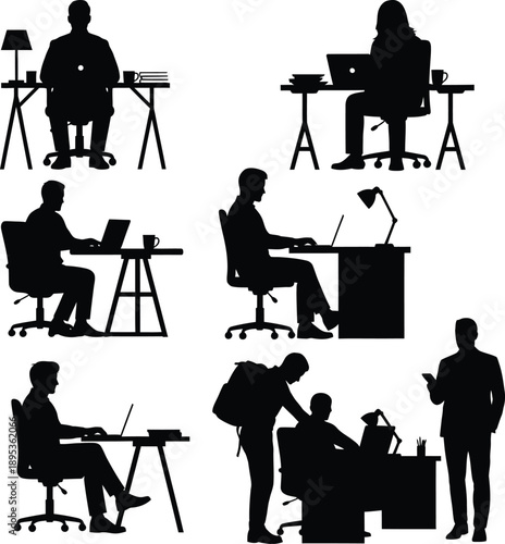 Silhouettes of people working on laptops in various office settings and environments from different viewpoints