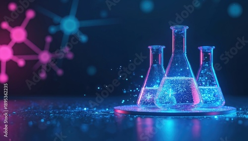 Three lab flasks contain luminous liquid with bubbles and particles. Abstract molecular structures glow in pink and blue neon light on dark background. Futuristic science and research.