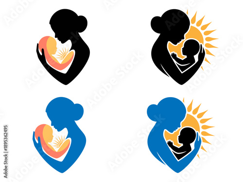 women and child logo design mother's day special, Soft colors background .Mother and Baby  Vector Illustration.