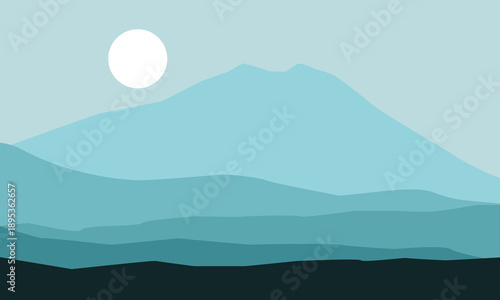 Minimalist vector landscape with mountains and a sun in shades of blue. Clean and modern design