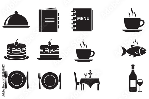 A set of black and white icons representing various restaurant and food service elements