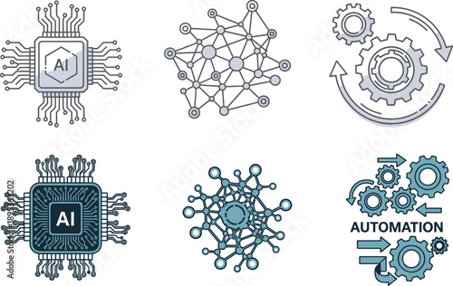 Ai and automation icons isolated on transparent background