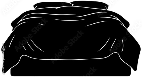 Black Silhouette Vector Icon of a Double Bed with Pillows and Blanket Bedroom Furniture Graphic