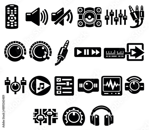 Remote Controls for Audio Systems in bold style: sound system remote, speaker volume control, mute button, surround sound, equalizer settings, audio input, bass. Vector icons