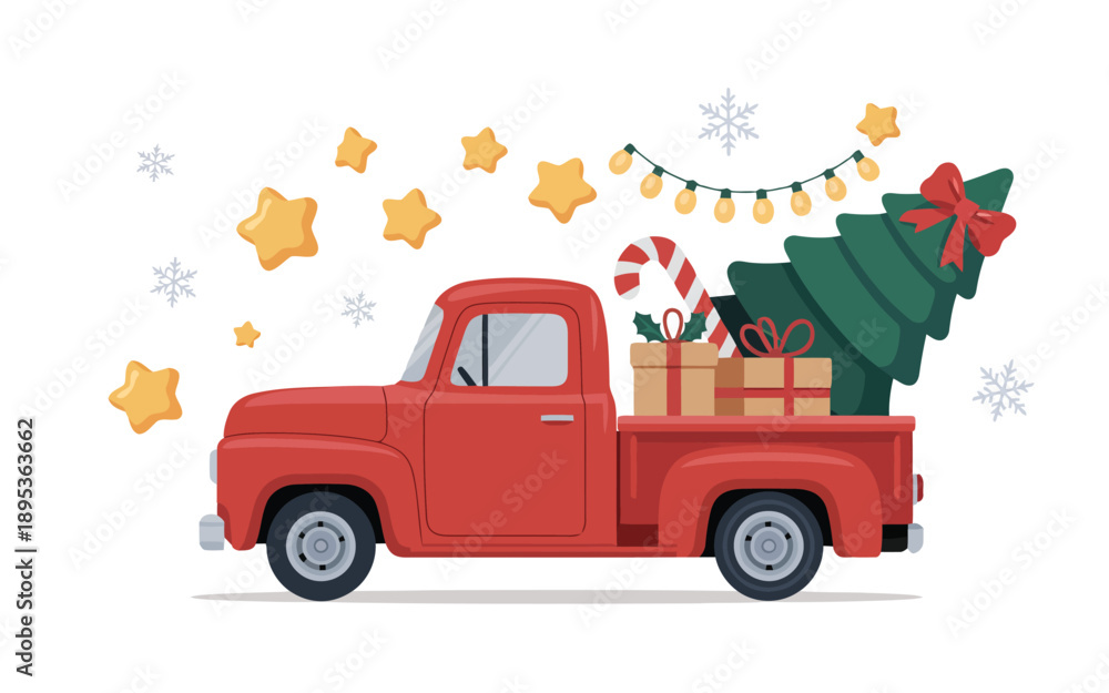 Naklejka premium A festive red vintage truck carrying a Christmas tree and wrapped presents with snowflakes and stars