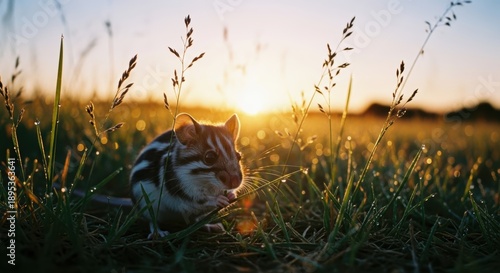 Corgi dog sitting in a field at sunset