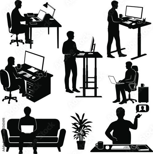 Silhouetted people in various work and leisure scenarios showcasing different environments and perspectives