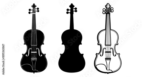 Vector Illustrations of Violins in Silhouette and Line Art, Musical Instruments for Art and Design