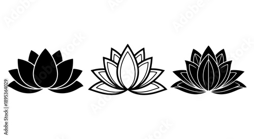 Set of Three Lotus Flowers, Black and White Icons Representing Purity, Enlightenment, and Spirituality