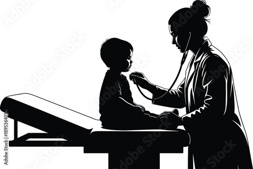 Black and white silhouette of a female doctor using a stethoscope to examine a young child patient on a medical table for healthcare and pediatrics
