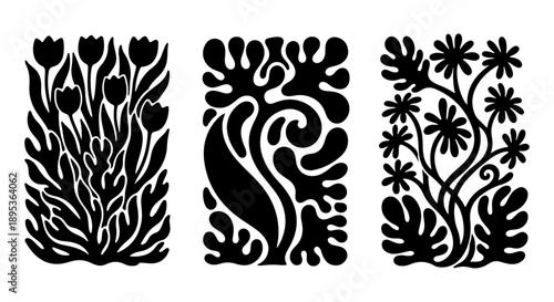 Black and white graphic art illustrations of abstract organic shapes and floral motifs in a triptych arrangement